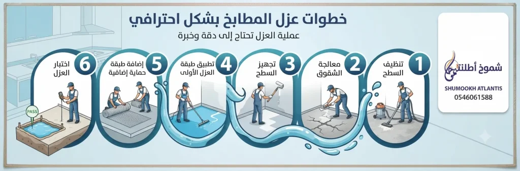 خطوات عزل أرضيات المطابخ الاحترافية في 6 مراحل بواسطة شركة شموخ أطلنتس، بدءاً من التنظيف والاختبار