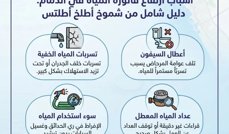 أسباب ارتفاع فاتورة المياه في الدمام مع شركة شموخ أطلنتس المتخصصة في كشف تسربات المياه بدون تكسير