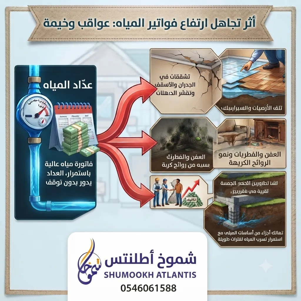 أضرار تجاهل أسباب ارتفاع فاتورة المياه بسبب تسربات المياه داخل الجدران في الدمام