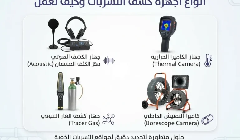 أنواع أجهزة كشف التسربات وكيف تعمل بالدمام باستخدام أحدث الأجهزة الإلكترونية للكشف بدون تكسير من شركة شموخ أطلنتس
