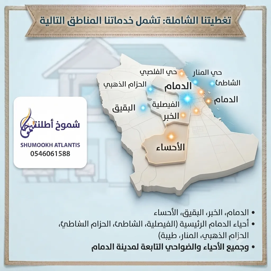 خريطة ثلاثية الأبعاد توضح مناطق خدمة شركة شموخ أطلنتس لكشف تسربات المياه في الدمام والخبر والظهران وضواحيها