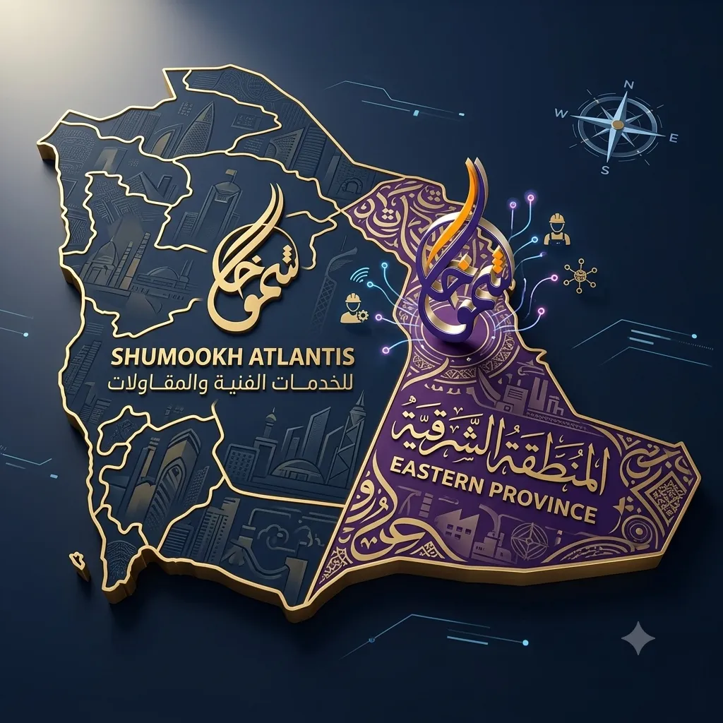 خريطة توضح مناطق خدمات شركة شموخ أطلنتس لتنفيذ عزل مسابح في الحزام الذهبي وجميع مدن المنطقة الشرقية
