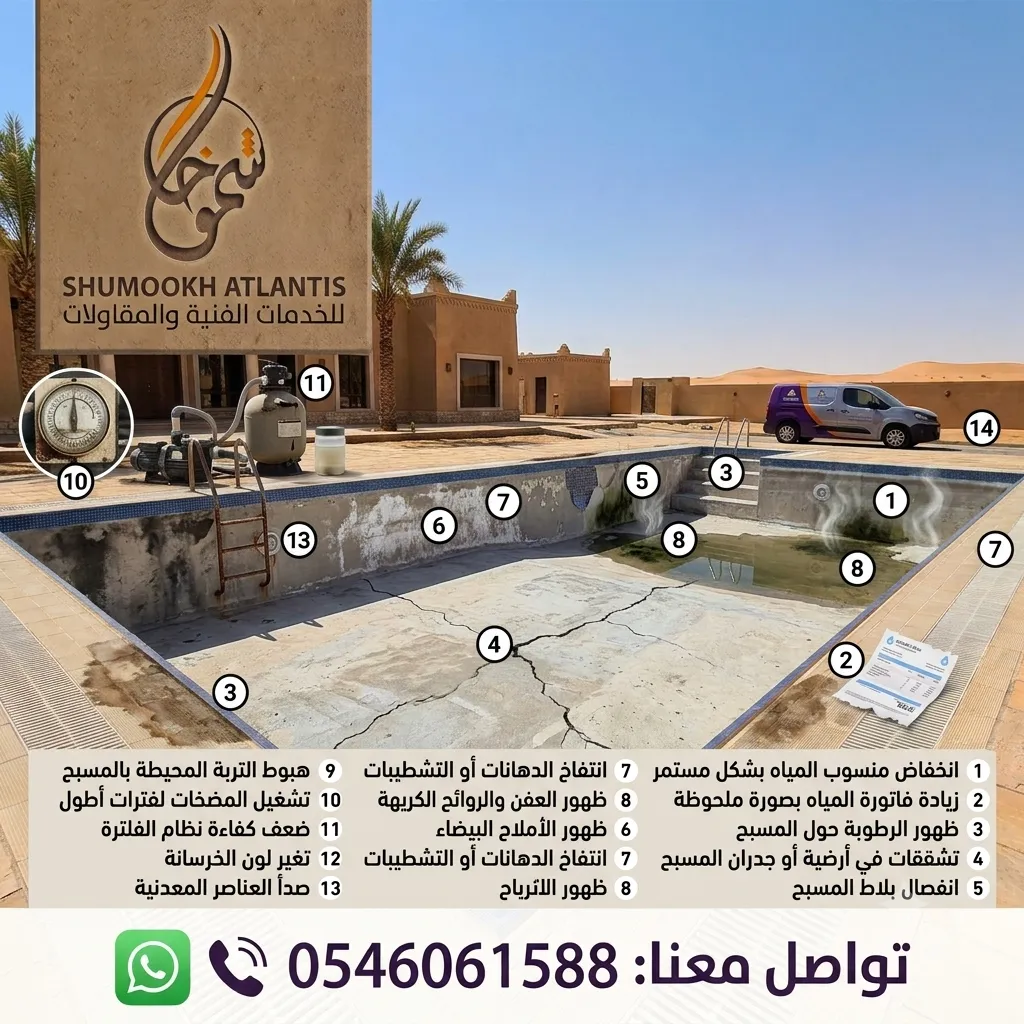 علامات تدل على ضرورة عزل مسابح في العقربية مثل انخفاض منسوب المياه وظهور الرطوبة وتشققات المسبح